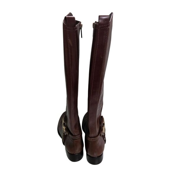 Tory Burch Aaden Riding Boots Cognac Leather Gold Logo Zip Closure Size 6M - Picture 5 of 16